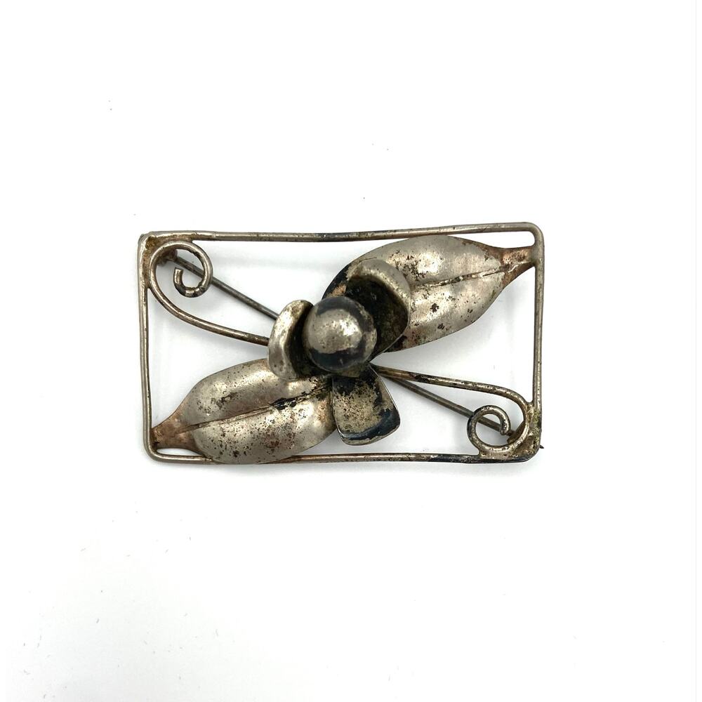 Vintage Sterling Silver Floral Brooch Mid Century Rectangular Modernist Pin